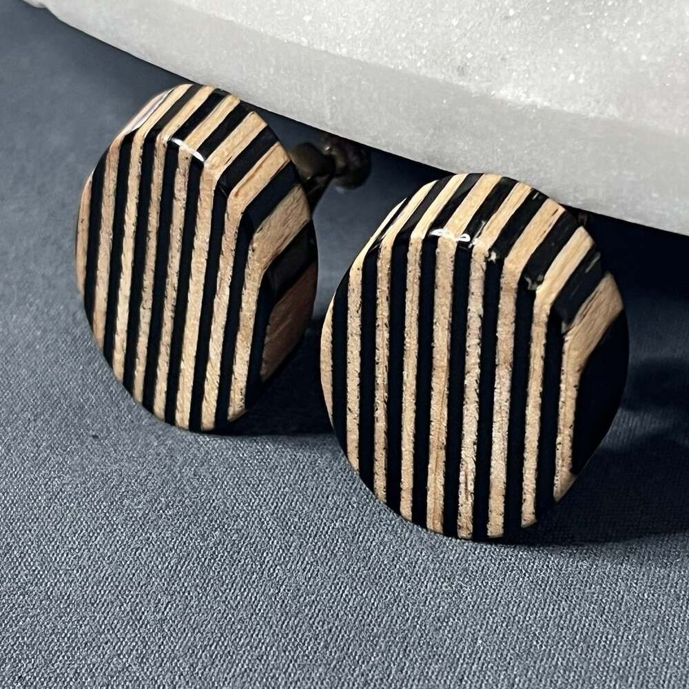 Vintage Miriam Haskell Signed Clip On Earrings Brass Clip Ons Wood Striped